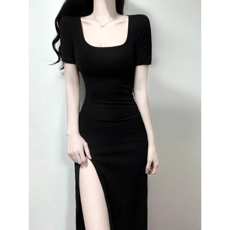 French Casual Black dress Women's New Summer Elegant Women's Design Sense Split Slim-fit Slim-fit Sheath