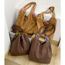 韩国博主同款复古双面包大容量格子购物通勤麂皮绒手提单肩托特包