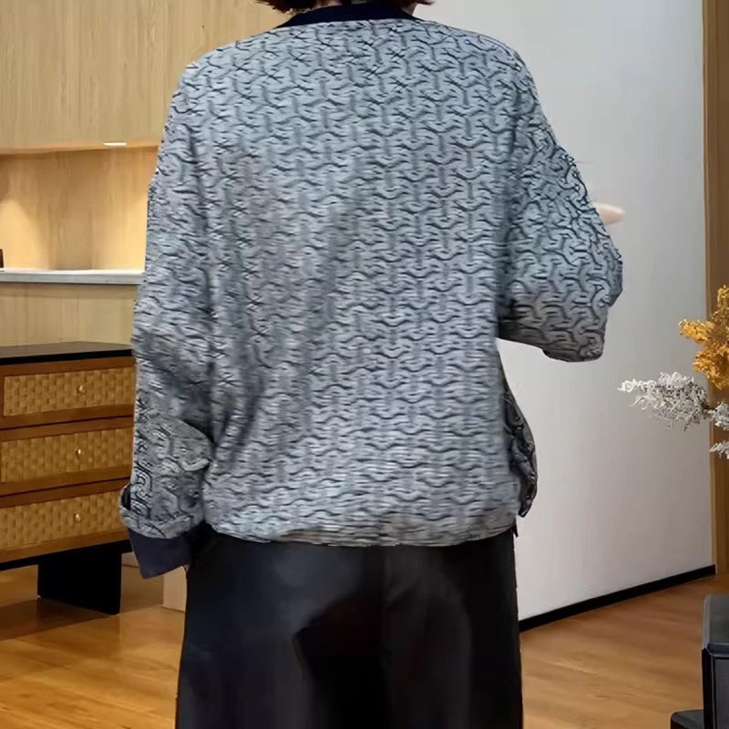 老钱风复古提花圆领长袖上衣2025年秋季女装撞色宽松显瘦别致小衫|undefined