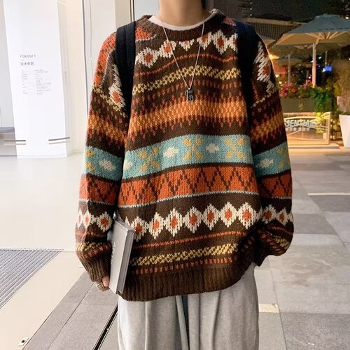 Japanese Retro Sweater for Men, National Trend Ethnic Style Striped Loose Top, Fashion Brand Casual Style Couple Knitwear