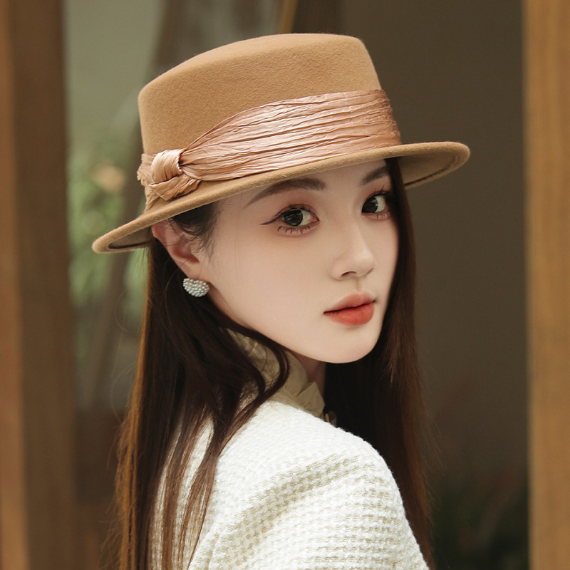 Mũ phớt len cổ điển phong cách Pháp vành tròn đỉnh bằng — màu đen