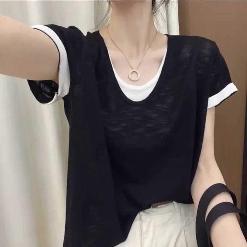 偽のvネック半袖tシャツ女性の夏のゆったりとした衝突色のデザイン感アメリカのギャルchi百合上着|undefined