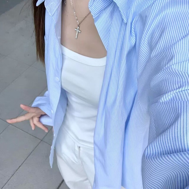 Thin Striped Summer Shirt, Blue New Arrival, Niche Commuter Style, Versatile Loose Long-Sleeve Shirt Thin Striped Summer Shirt, Blue New Arrival, Niche Commuter Style, Versatile Loose Long-Sleeve Shirt