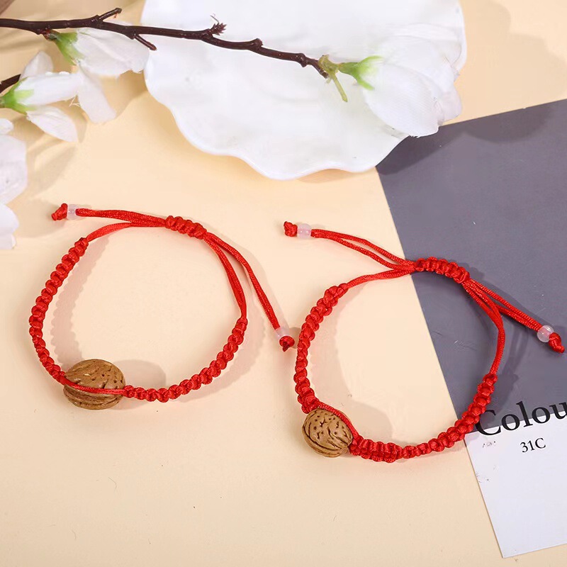 Wholesale hand-woven peach walnut blue bracelet anklet pregnant women's body protection anti-shock peach red rope colored rope red line flat