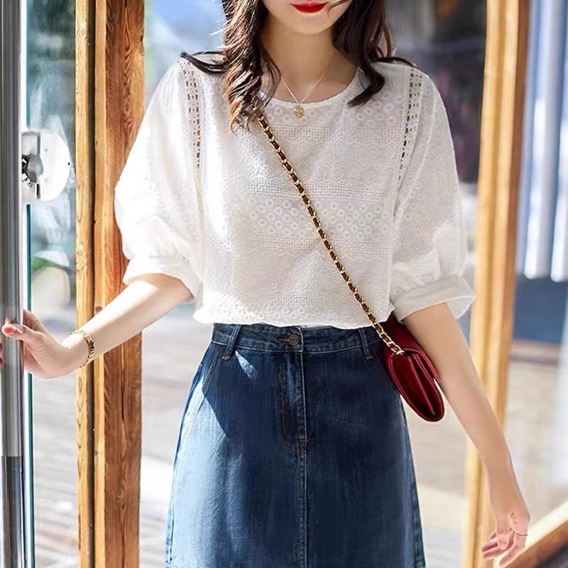 Áo sơ mi thêu nữ cổ tròn tay ngắn phong cách nhẹ nhàng thanh lịch — Trắng-cộc tay