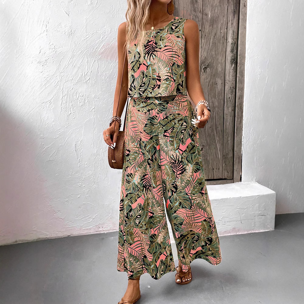 Damen-Set im Bohème-Stil: Top mit Print und Hose mit geradem Bein, europäisch-amerikanischer Stil, Sommer_voghion.com