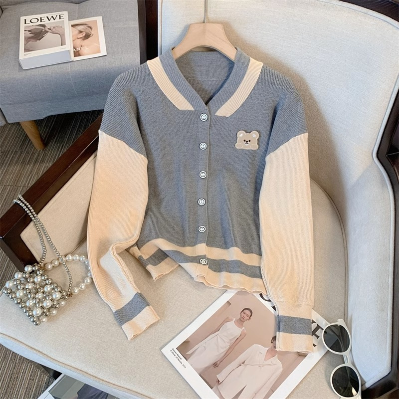 Real shot in stock spring new design sense contrast baseball uniform cardigan coat sweater women's sweater