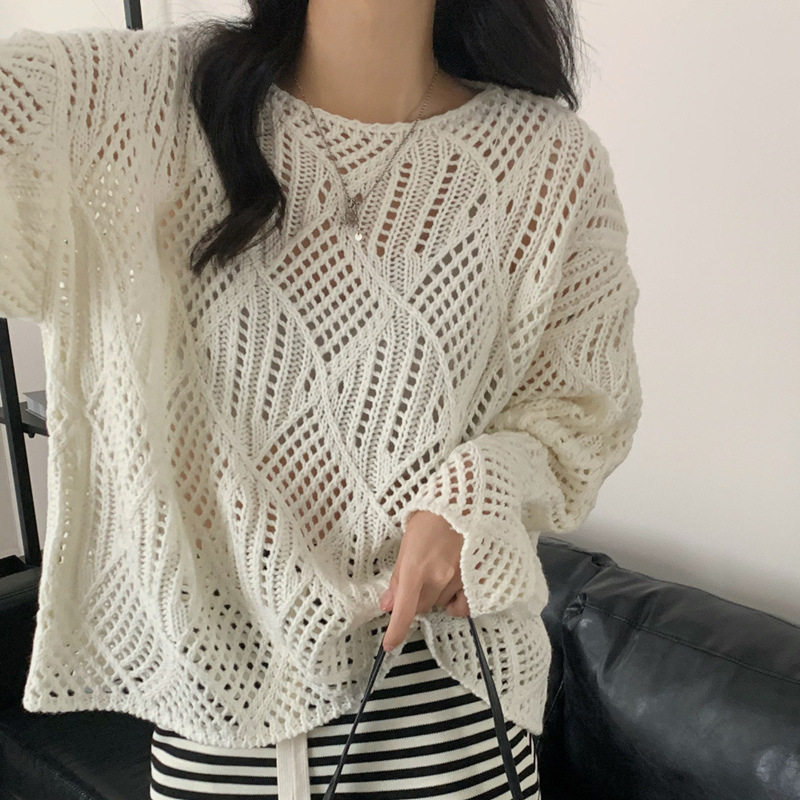 Hollow-Out Knit Sweater for Women, Spring/Summer/Autumn, Korean Design, Solid Color Diamond Pattern, Lazy Style Sweater, Sun Protection Cover-Up
