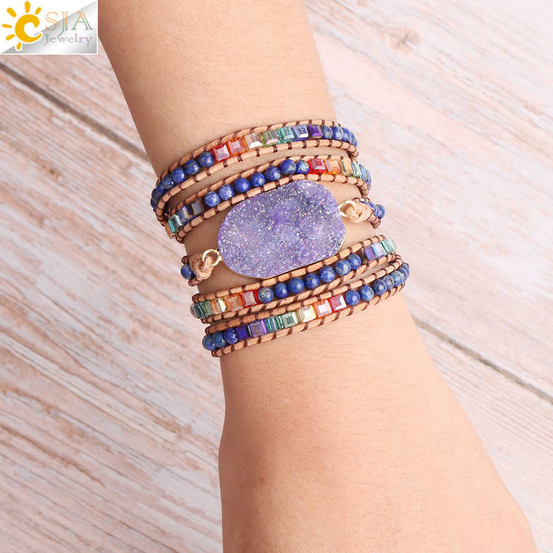 CSJA irregular crystal multi-layer wrapped leather purple Druze quartz beads bohemian handmade bracelet