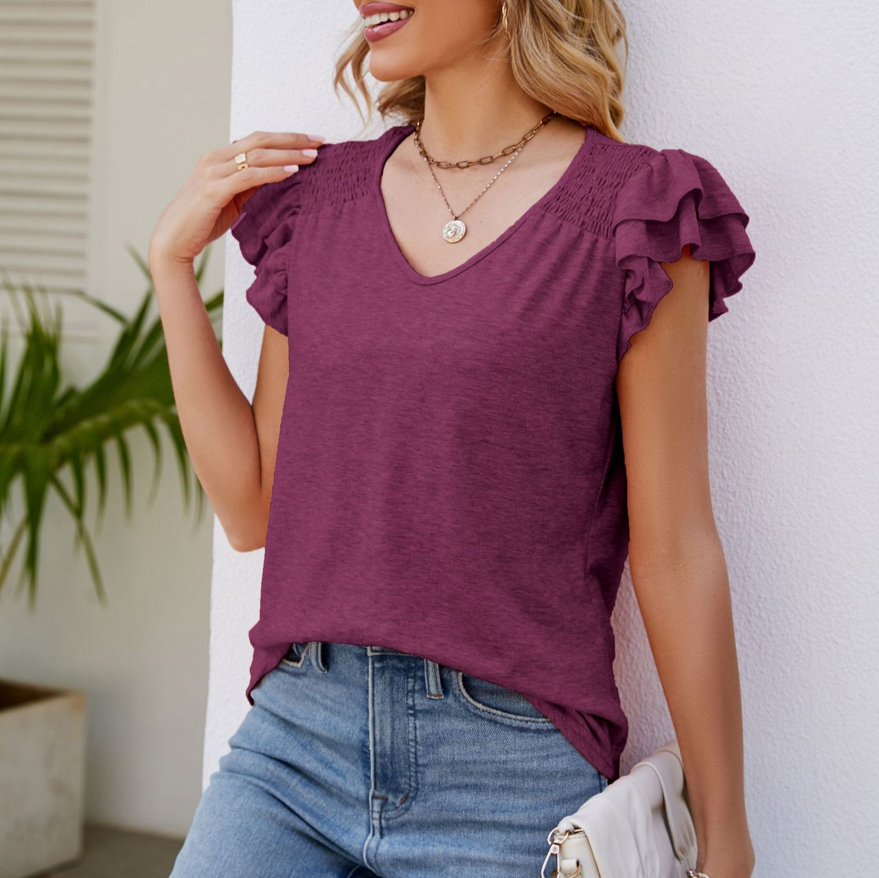 2024 Amazon popular verano de las mujeres Top color sólido cuello en V plisado manga corta casual camiseta suelta image 5