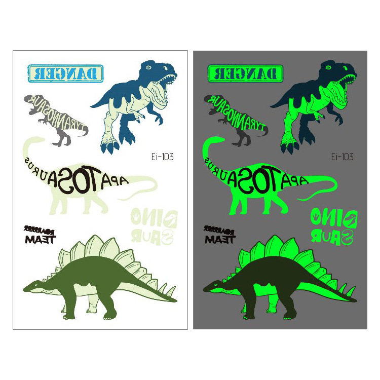 Suministro transfronterizo nuevo dinosaurio luminoso tatuaje pegatinas niños dibujos animados diversión pegatinas luminosas pegatinas temporales del tatuaje