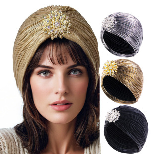 New Noble Golden Pleated Indian Hat Turban with Gold Brooch Accessory Tjm-79G, Warm Ethnic Style