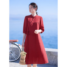 新中式复古文艺棉麻连衣裙女2024夏季新款时尚休闲减龄红色裙子