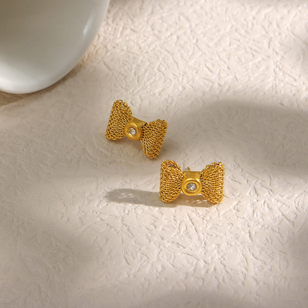 Sweet Geometric Bow Knot Stainless Steel Ear Studs Zircon Stainless Steel Earrings