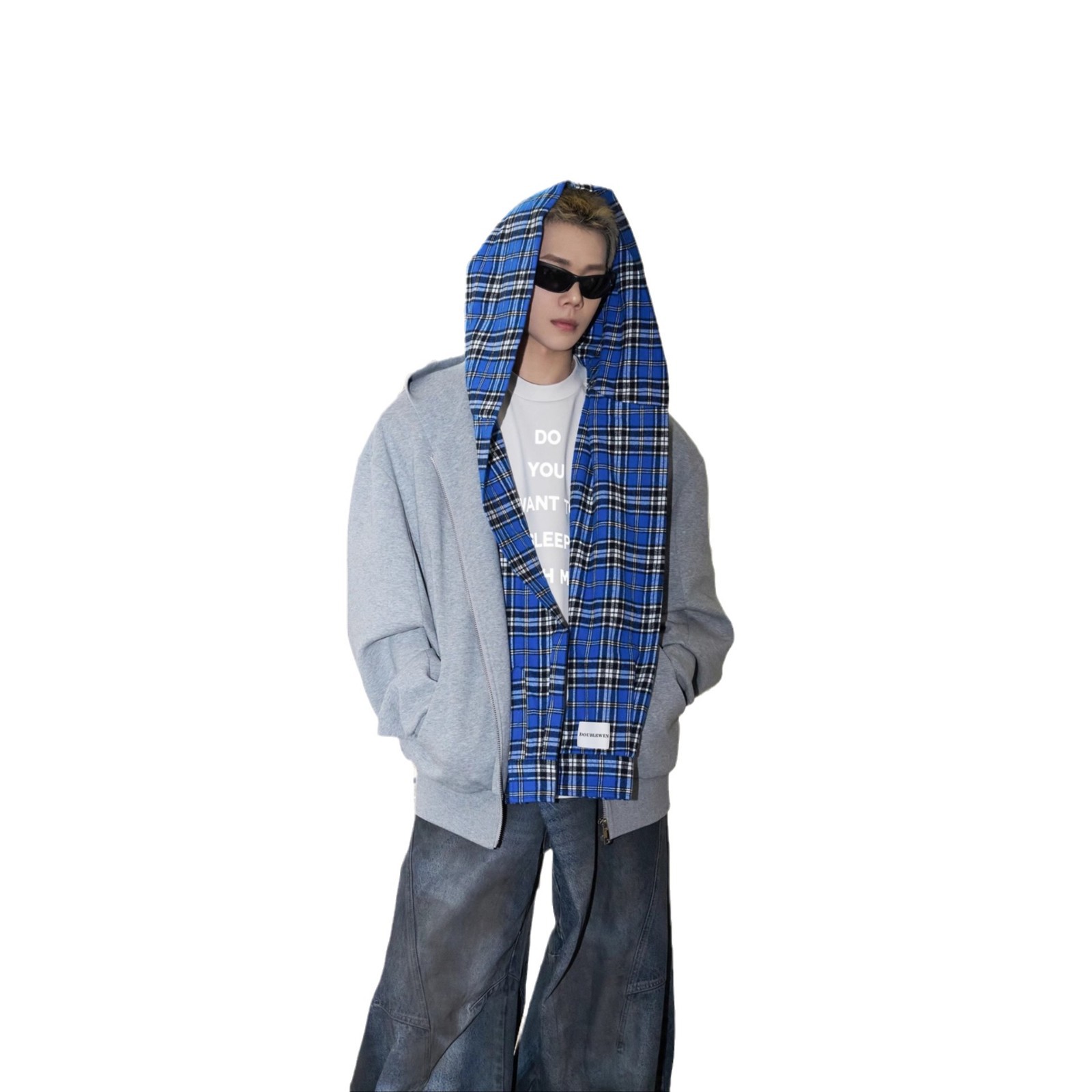 Men's Checkered Zip-Up Hoodie – Heavyweight Faux Layered Pullover With Drop Shoulder & Side Pockets (Cotton Blend, Grey/Black, M-3XL)_voghion.com