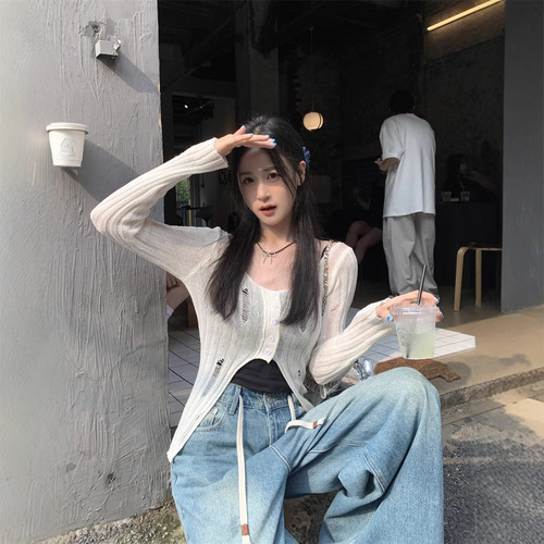 Pure Desire Style Lattice Hole Knit Cardigan for Women, Early Autumn Sexy Irregular Splicing Open-Front Short-Sleeve Top