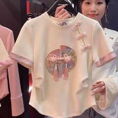 大码新中式国风重工刺绣盘扣短袖t恤女夏季新款收腰显瘦百搭上衣