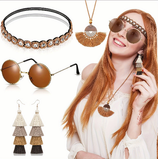 Venta caliente transfronteriza 1960 años hippie gafas collar aretes conjunto de accesorios de juego de rol accesorios de ropa