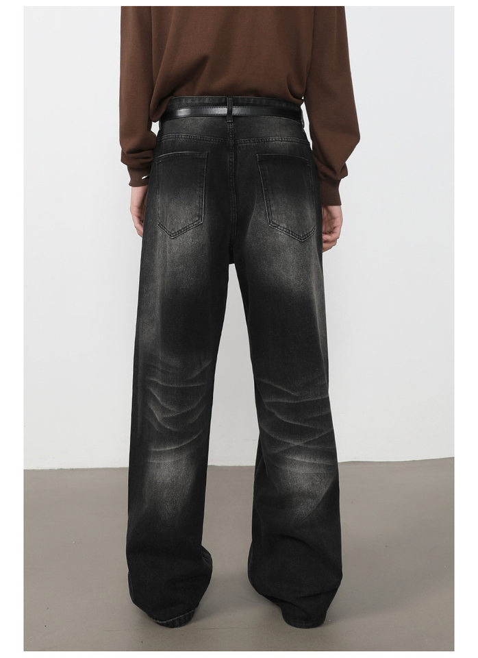 Quần jeans nam ống rộng lưng giữa, dáng suông thoải mái, chất denim washed — màu xanh, màu xanh nhạt, màu xám đen chi tiết 16