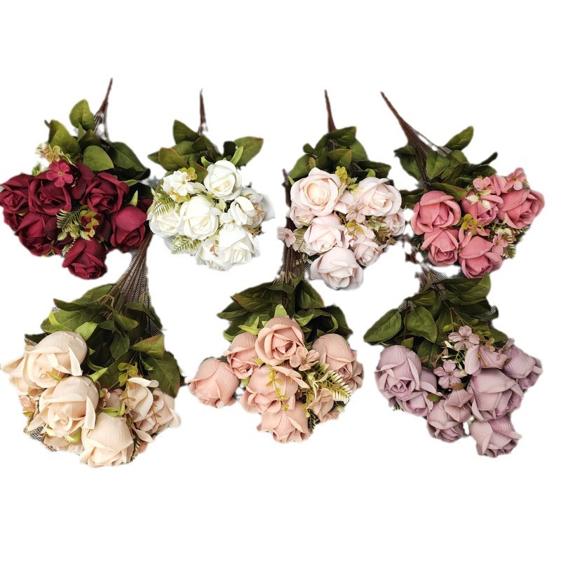 Fábrica al por mayor 11 brotes de Rosa polacos fotografía del hogar boda flor hecha a mano flor artificial rosa