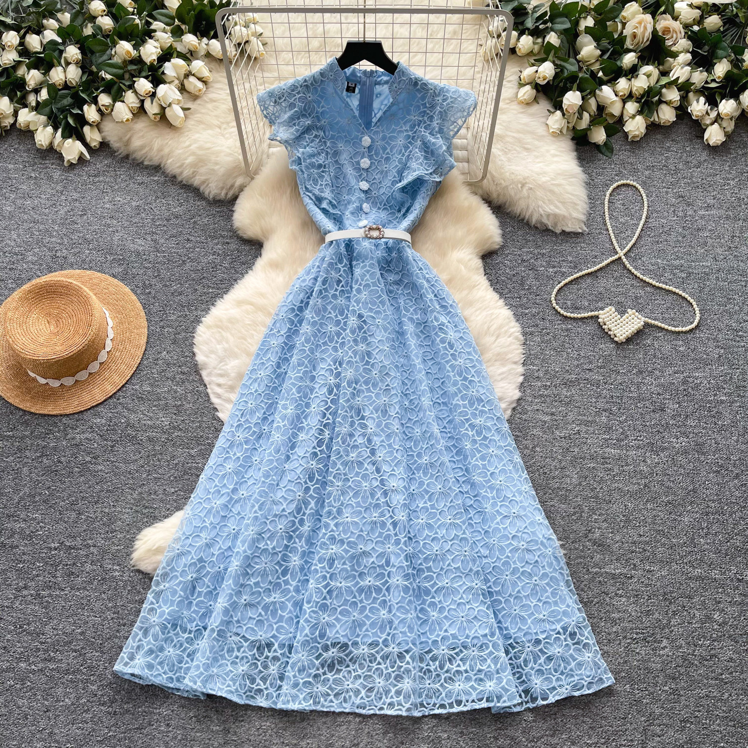 Elegant Lace A-Line Sundress For Women, High Waist Sleeveless Summer Maxi Dress_ecoleips.com