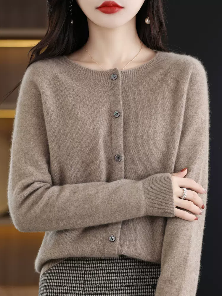 秋冬新款羊毛衫女一线成衣无缝开衫长袖毛衣女100%纯羊毛针织衫女