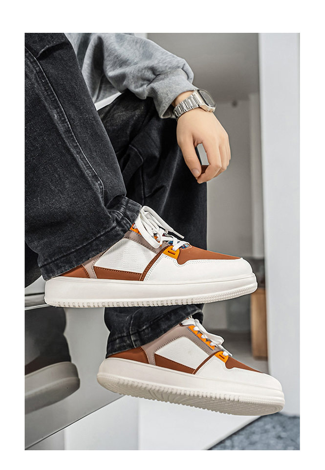 Giày sneaker cổ thấp mũi tròn rộng, đế dày tăng chiều cao, mặt da chống nước, dây buộc — Bạch tửu đỏ 8811, Trắng kaki 8811, Trắng đen 8811 chi tiết 14