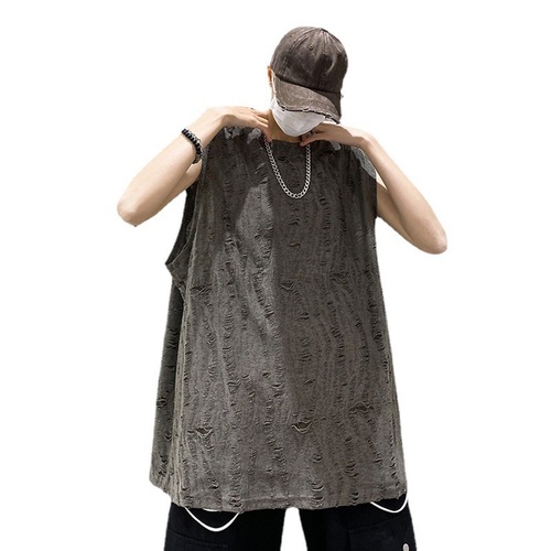 Men's Summer Design-Forward Streetwear American Retro Backless Tee for Youth Loose Tear Drop-Shoulder Tank Top