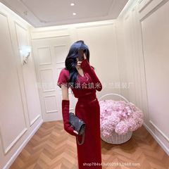 高品高克重绵羊绒纯色三件套2025新款时尚百搭气质针织开衫连衣裙