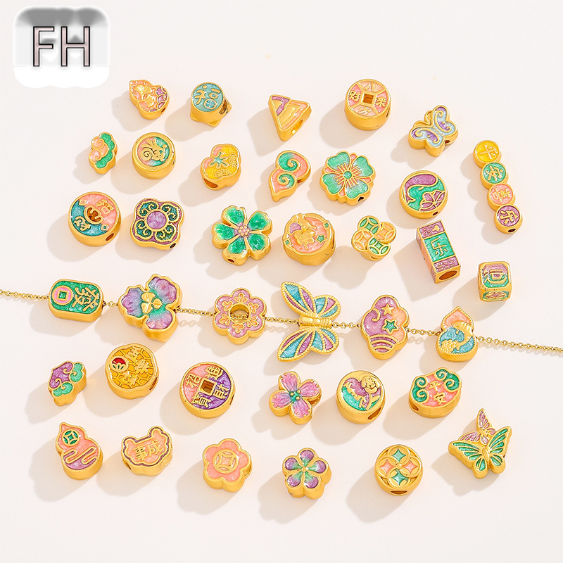 中国风古法金滴油合福字花朵金通孔隔珠散珠 手链项链diy饰品配件