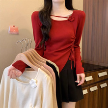 安哥拉红立体花朵圆领毛衣女春秋纯欲甜辣上衣短款抽绳针织打底衫