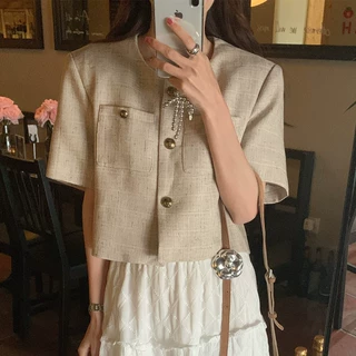 实拍 法式复古 小香风短袖外套单排扣多口袋短款上衣西装女装新款
