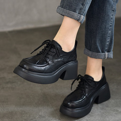 手抓紋頭層牛皮高跟單鞋女粗跟防水台2024春款真皮系帶坡跟低幫鞋