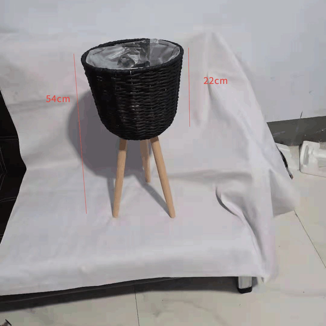 Piso de La Flor soporte de madera pierna piso flor soporte tejida flor olla sala de estar balcón decoración flor cesta paja tejido piso soporte
