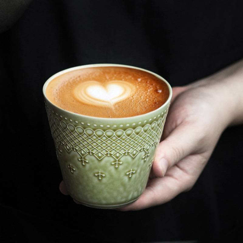 Japanese-Style Ceramic Coffee Cup Retro Australian White Latte Art Cappuccino Latte Pig Mouth Hand-Held Coffee Cup and Saucer Set 240ml