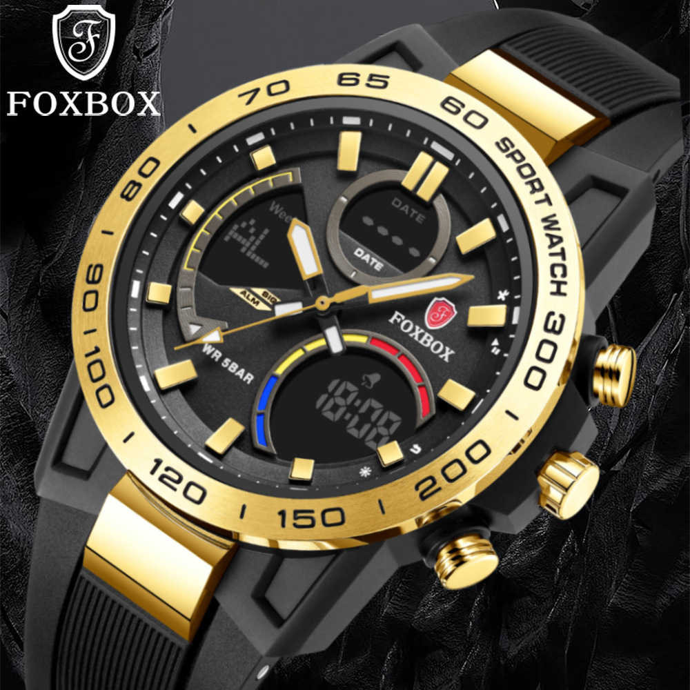 FOXBOX hombre nuevo cronógrafo multifuncional impermeable reloj despertador de doble pantalla reloj electrónico reloj deportivo para estudiantes