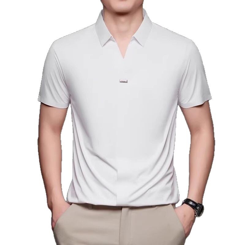 シームレスメンズ半袖ポロシャツメンズ夏アイスシルク中高年半袖マルベリーシルクラペルノアイロンTシャツメンズ|undefined
