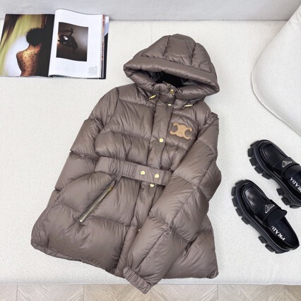 ce25 Fall/Winter New Collection Arc de Triomphe Logo Stand Collar Elastic Waistband Hooded Waist-Tied Puffer Jacket