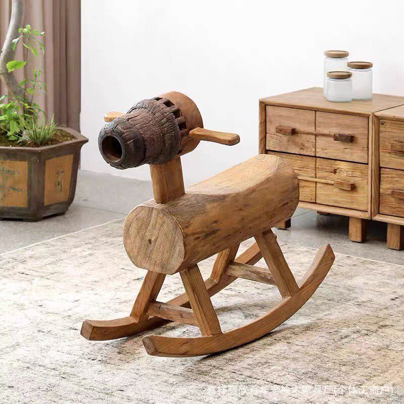 Old elm wood horseback stool for home use, children's rocking chair, garden rocking horse chair for entertaining and relaxing, baby watching pony stool