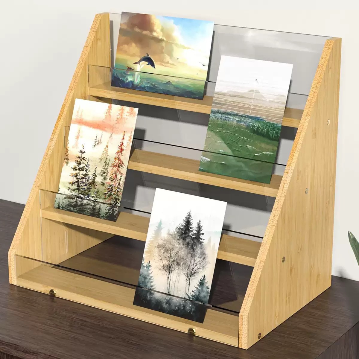 Cross-Border Wooden Four-Layer Storage Rack Desktop Display Stand for Greeting Cards, Household Ladder-Type Book and Picture Book Storage Rack