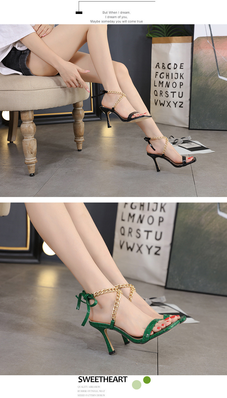 new women s metal chain cross square head print high-heeled sandals nihaostyle clothing wholesale NSSO68789