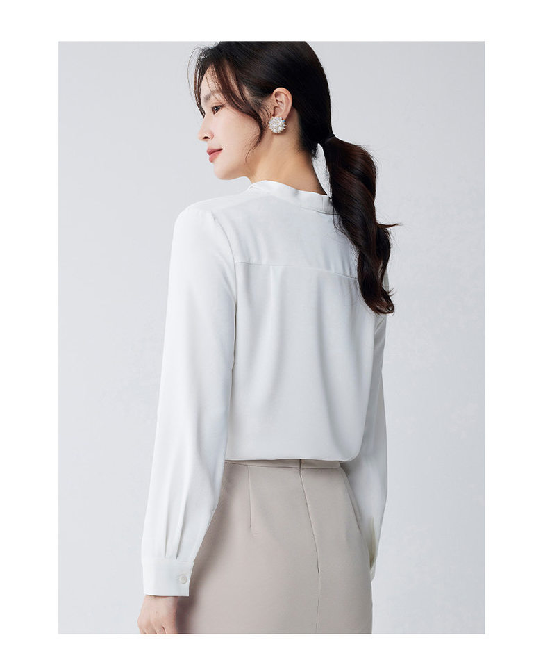 Áo sơ mi nữ voan cổ chữ V dài tay xếp li chống xuyên thấu — Tay áo dài màu trắng phong cách nữ chi tiết 15