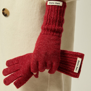 Red Knitted Wool Solid Color Lace Wool Gloves Women's Winter Warm Knitted Five-Finger Touch Screen Gloves