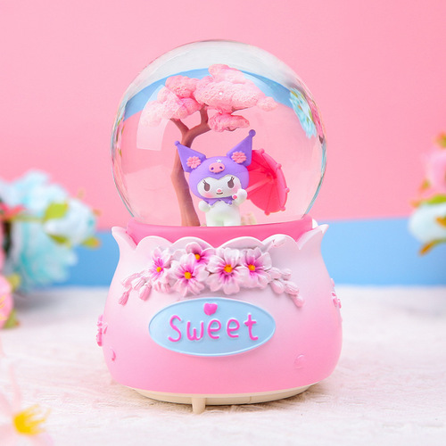 Falling Snow Glowing Music Box Cute Pet Cherry Blossom Tree Rotating Crystal Ball Music Box Desktop Ornament Decoration Gift