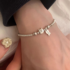 日韩简约串珠S925纯银小盘缠小猫吃鱼手链轻奢小众百搭精致女手饰