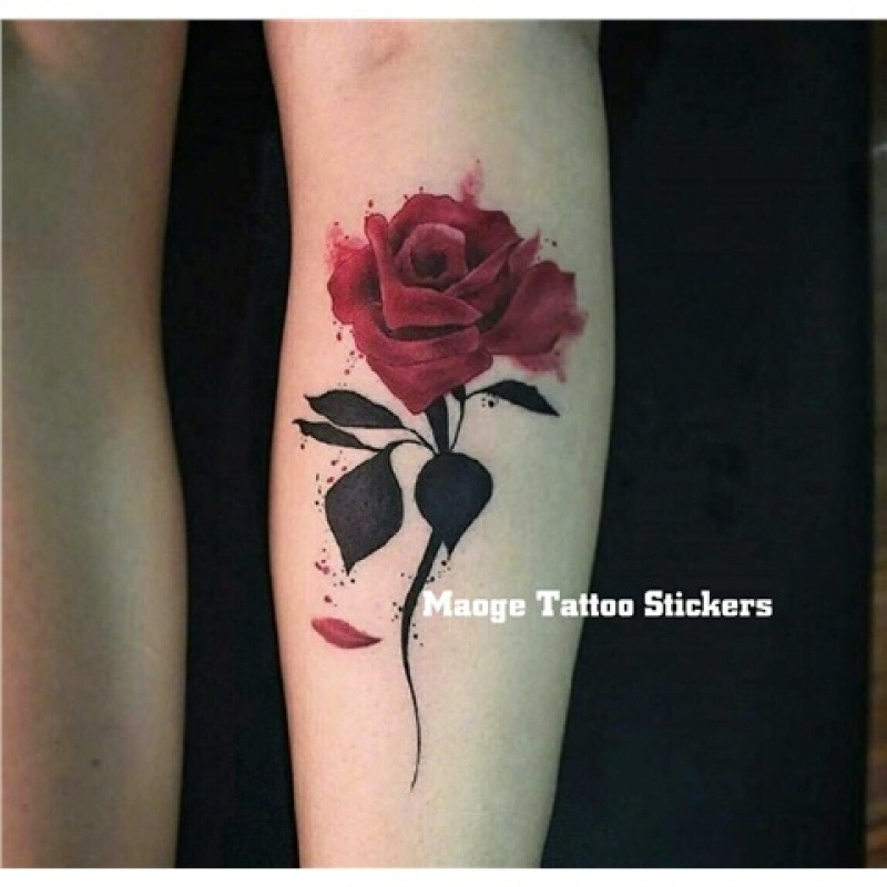 Mg Tattoo Sticker/Hand-Painted/Blood Color Withered Rose/Splashed Ink Wine Red Beautiful Flower Tattoo Sticker