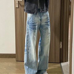 水洗蓝直筒牛仔裤男春秋款美式高街vibe裤子cleanfit弯刀微喇长裤