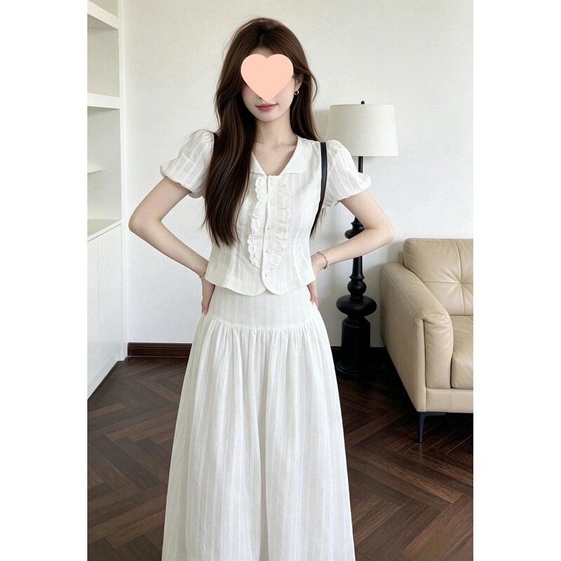 Summer New Style French Puff-Sleeved Ruffled Short-Sleeved White Shirt and Skirt Paired with a Stylish Two-Piece Set