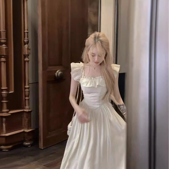 French Style Gentle Sweet Pink Flying Sleeve dress Summer Ruffled Fairy Square Collar Tight Waist A- Length Dress