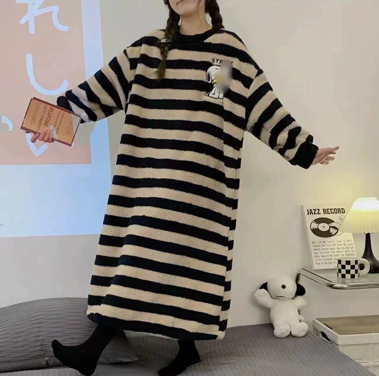 Демисезонная пижама, фланельcute утепляющая коралловая бархатная юбка, круглый воротник, размер плюс